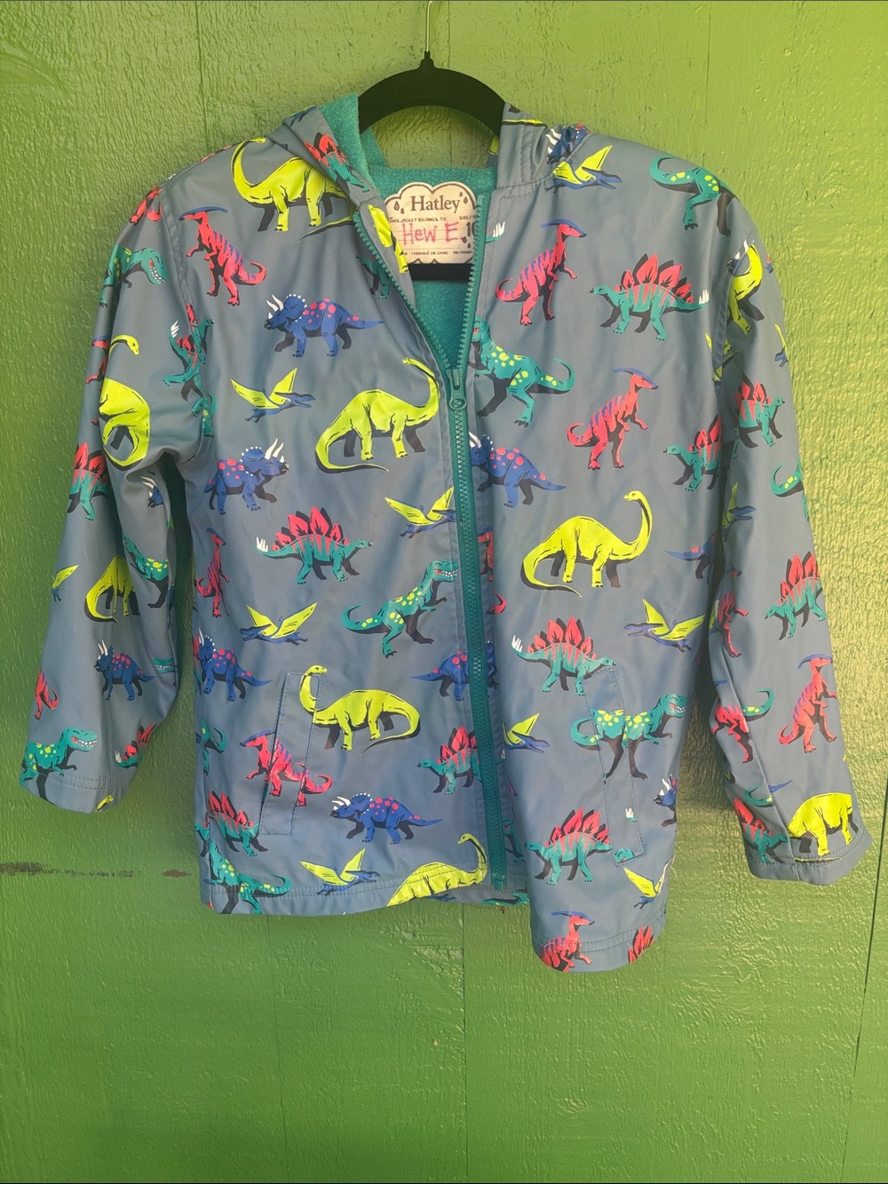 Hatley Kids' Dino Hooded Raincoat - Light Blue with Neon Dinosaur Print